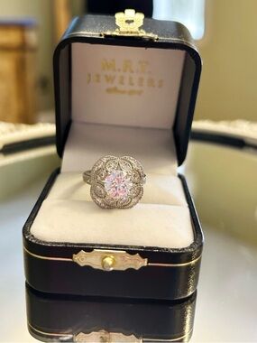 Silver Floral Halo Engagement Ring with Clear Center Stone